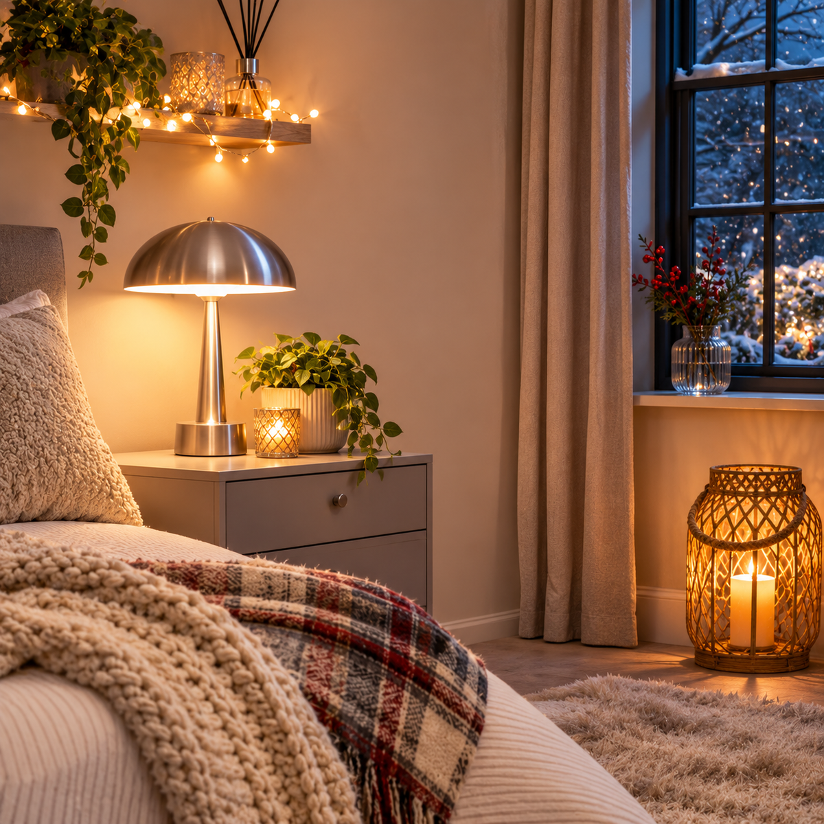 Silver mushroom table lamp, fairy lights and a candle lantern in a cosy winter bedroom