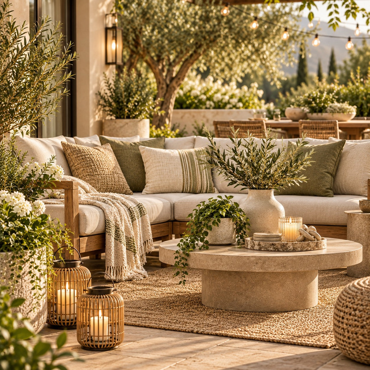 Outdoor patio sofa with cushions and lanterns