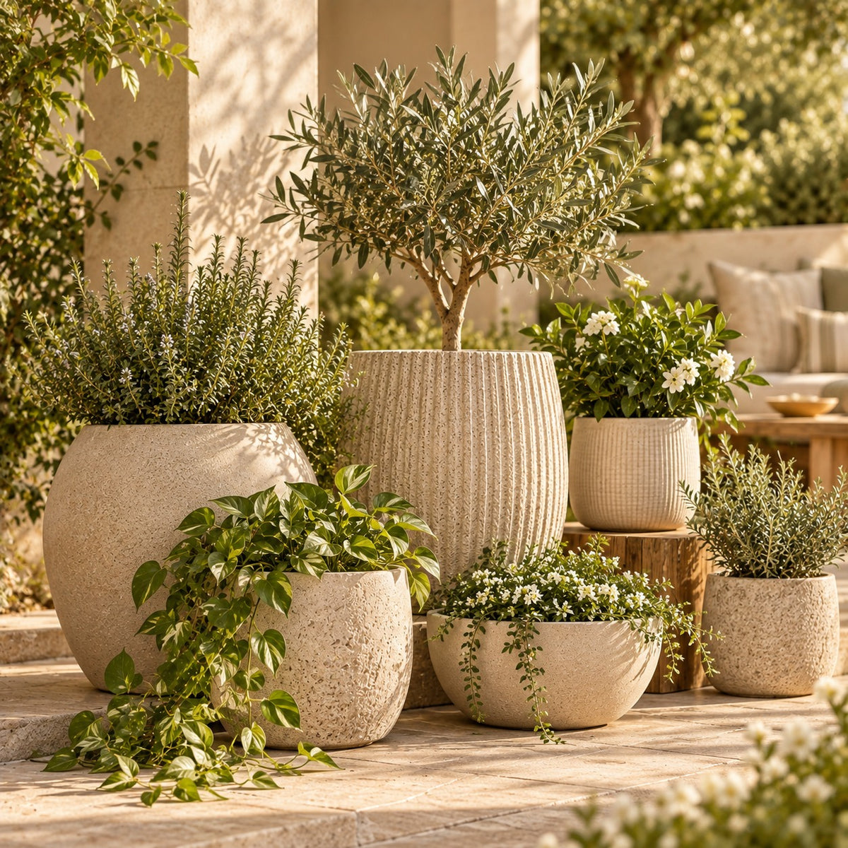 Collection of outdoor planters and greenery