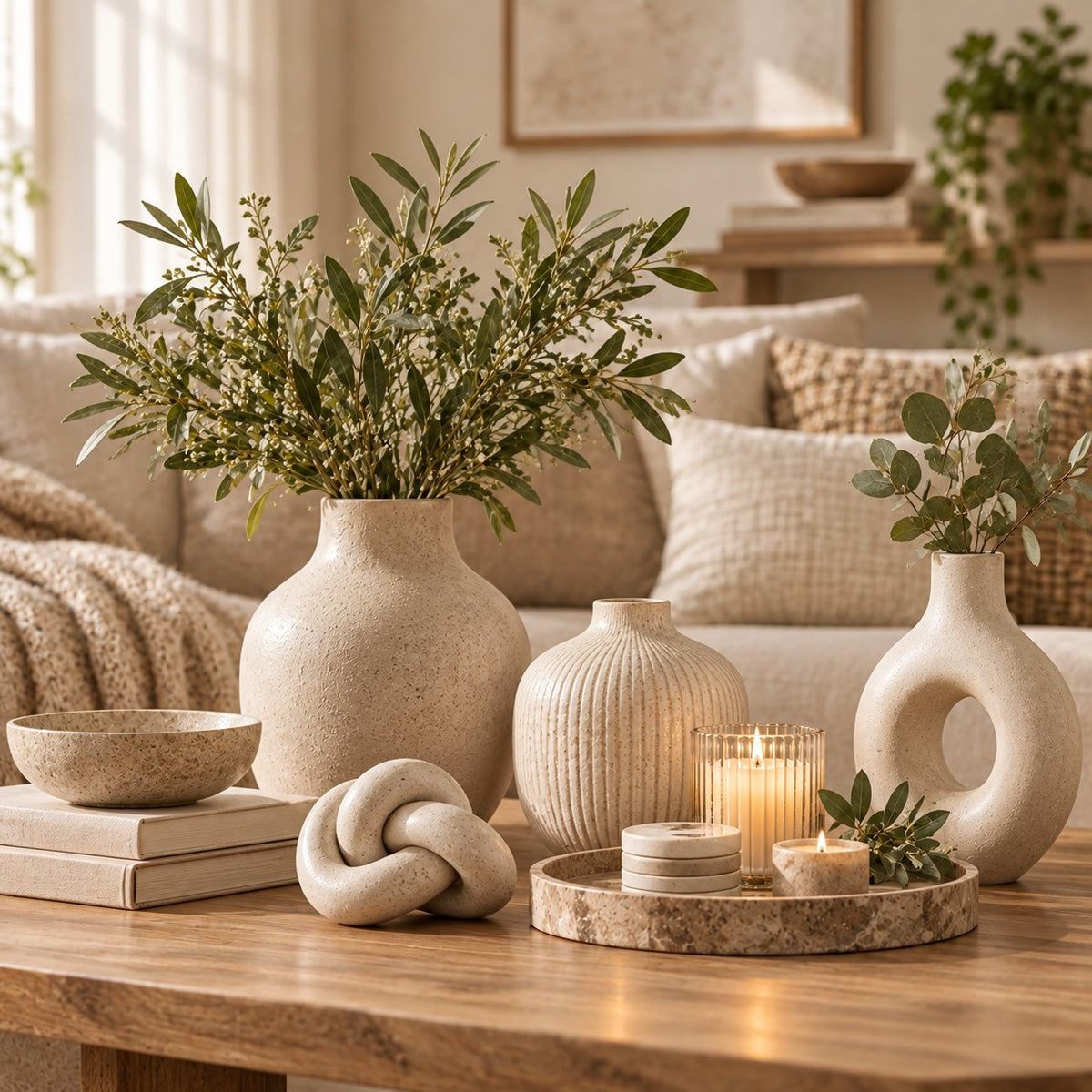 Ceramic vases styled on a coffee table