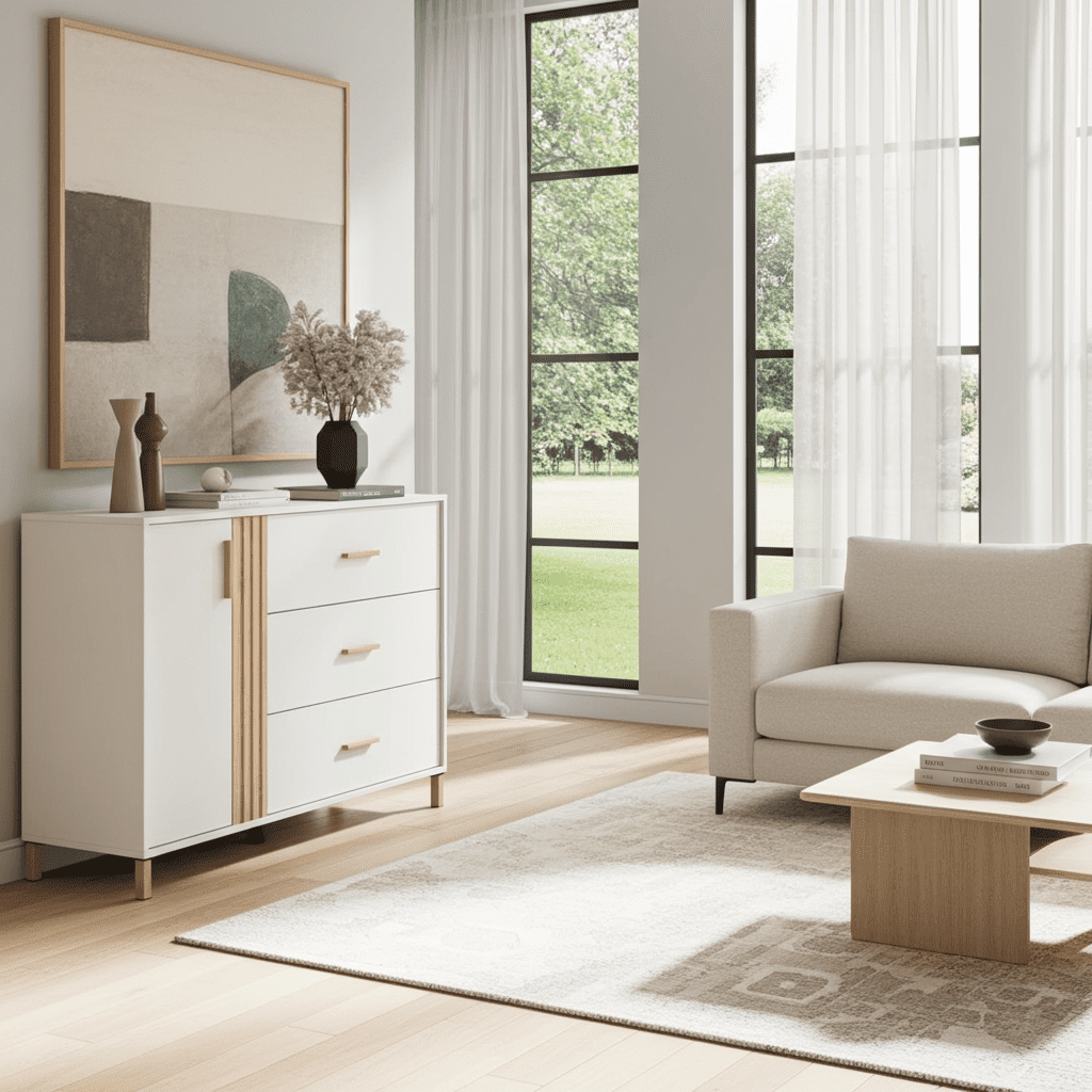 Granada cashmere and oak effect chest with three drawers and a cupboard