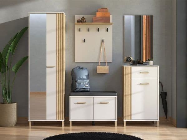 Granada cashmere and oak effect slim wardrobe with mirrored door