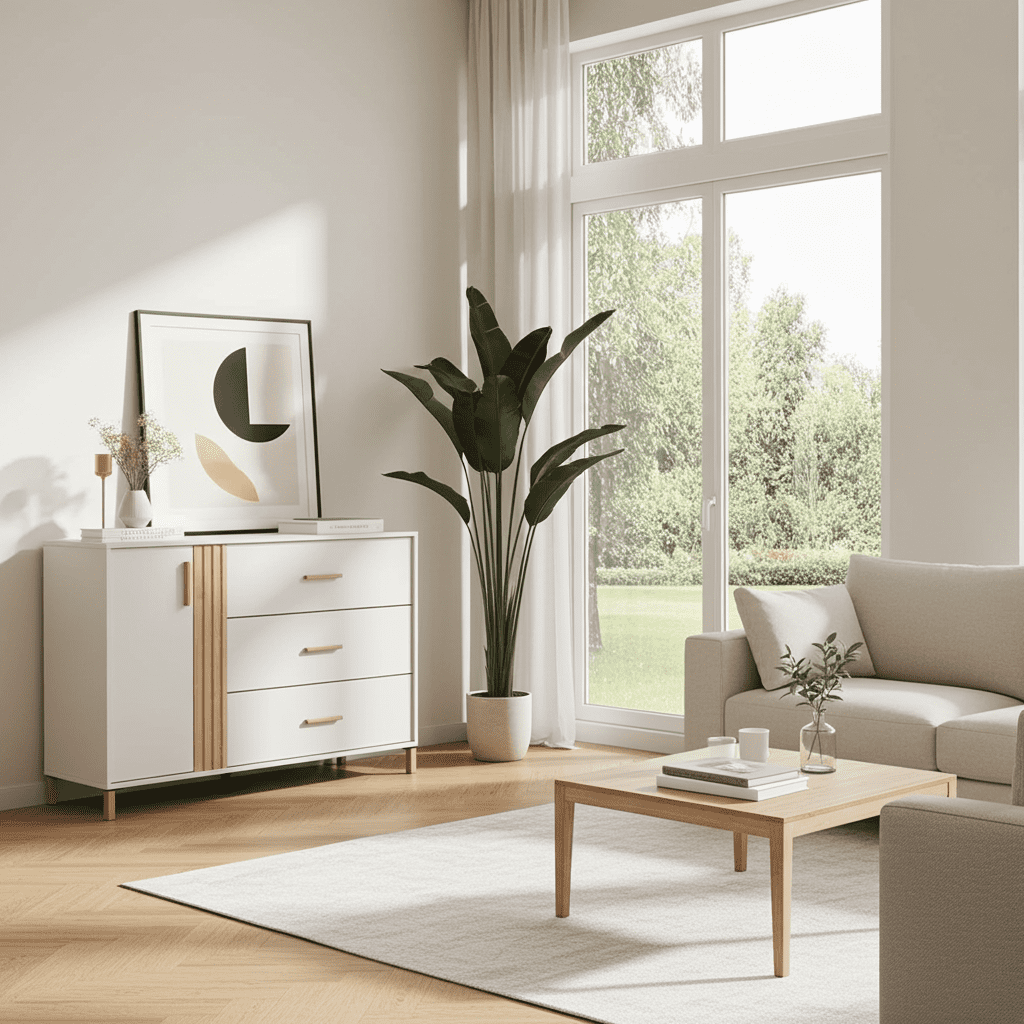 Granada cashmere and oak effect chest with three drawers and a cupboard