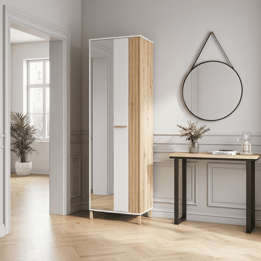 Granada cashmere and oak effect slim wardrobe with mirrored door