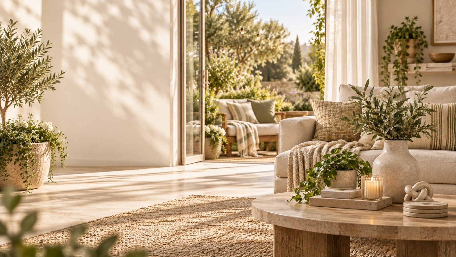 Bright sunlit living room opening onto a garden patio
