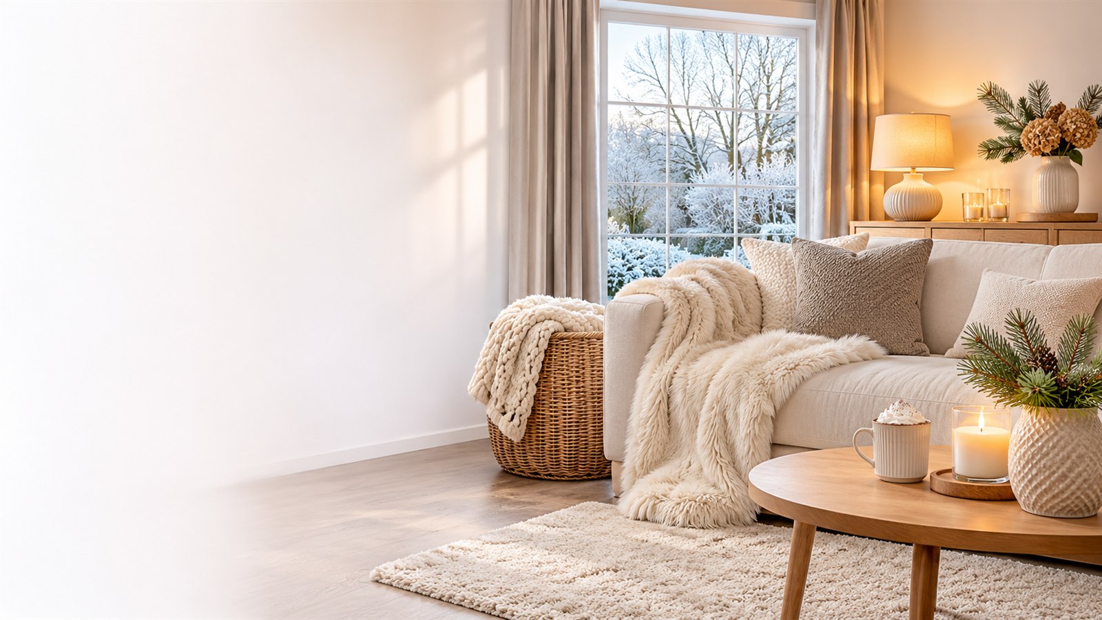 Cosy winter living room with cream sofa, faux fur throw and warm lamp light
