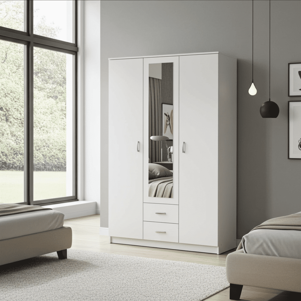 Kano white three-door wardrobe with mirrored centre door and two drawers