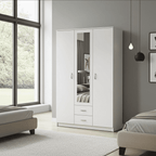 Kano white three-door wardrobe with mirrored centre door and two drawers