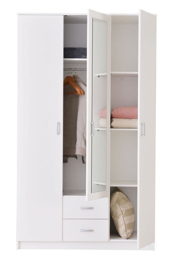 Kano white three-door wardrobe with mirrored centre door and two drawers