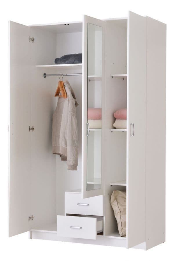 Kano white three-door wardrobe with mirrored centre door and two drawers