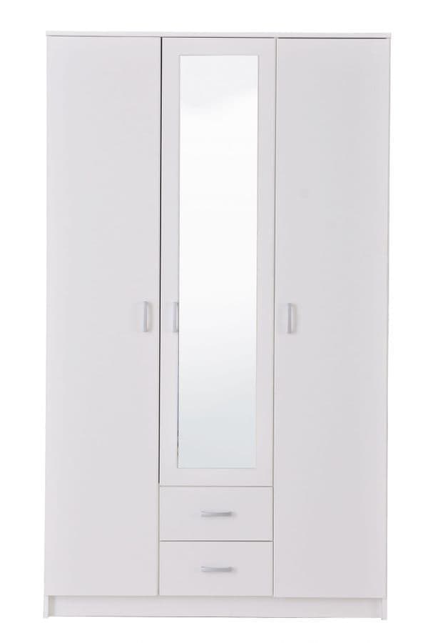 Kano white three-door wardrobe with mirrored centre door and two drawers