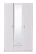 Kano white three-door wardrobe with mirrored centre door and two drawers
