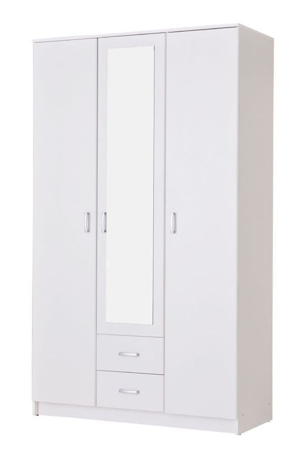 Kano white three-door wardrobe with mirrored centre door and two drawers