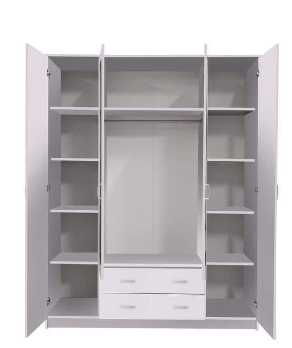 Kano white four-door wardrobe with two mirrored doors and two drawers