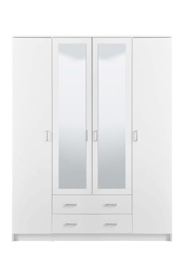 Kano white four-door wardrobe with two mirrored doors and two drawers