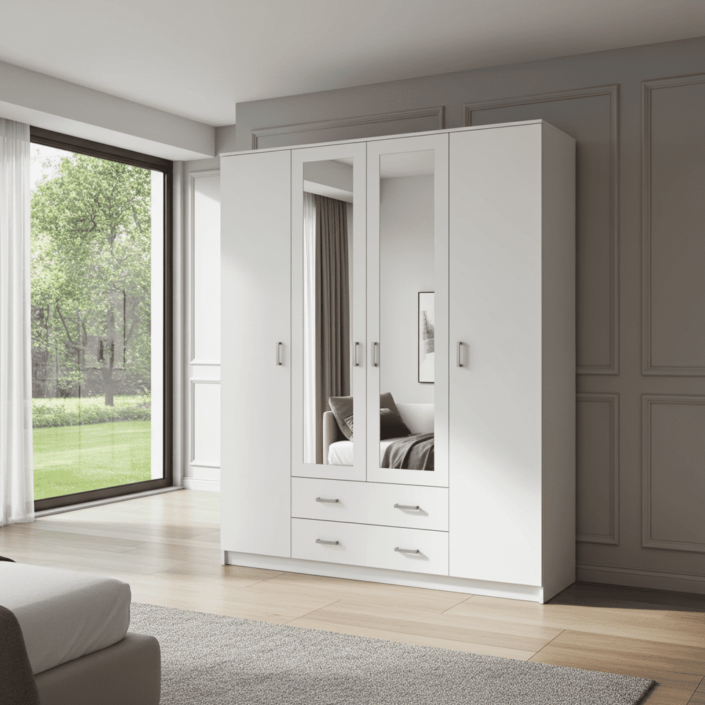Kano white four-door wardrobe with two mirrored doors and two drawers