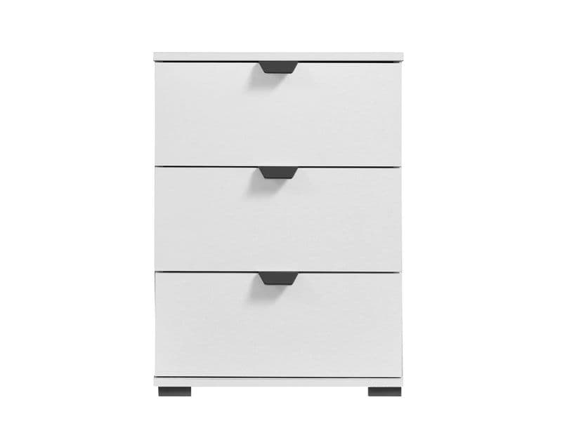 Limone arctic white three-drawer bedside table with black handles