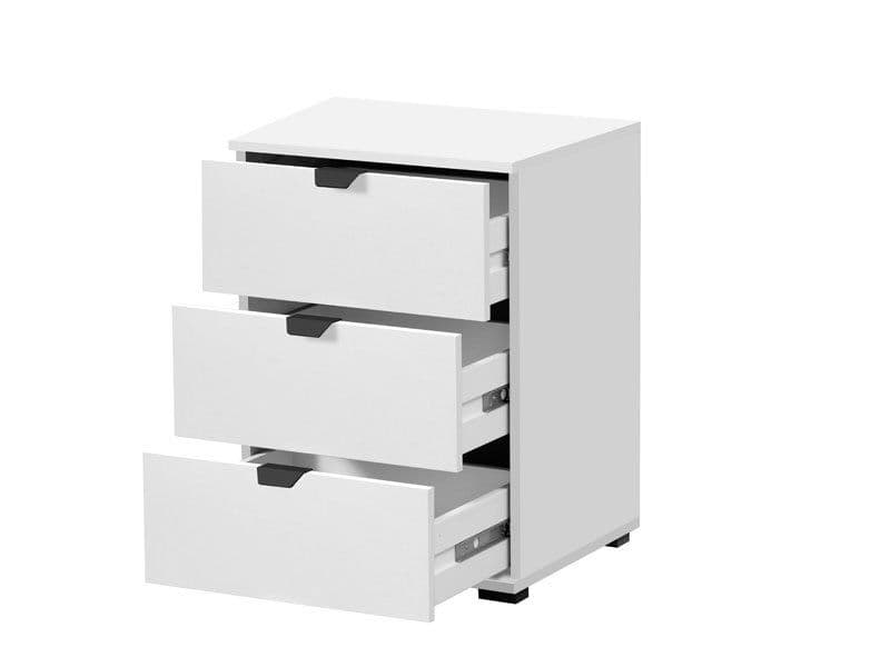 Limone arctic white three-drawer bedside table with black handles