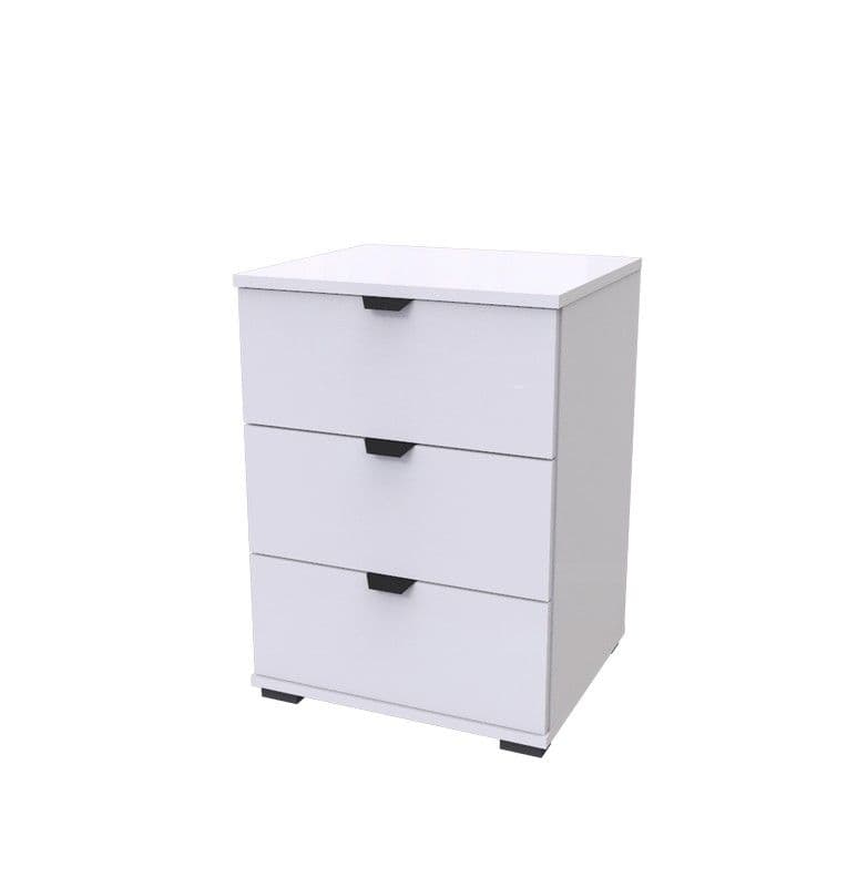 Limone arctic white three-drawer bedside table with black handles