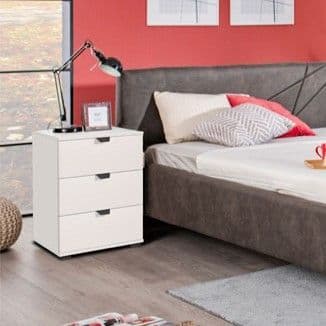 Limone arctic white three-drawer bedside table with black handles