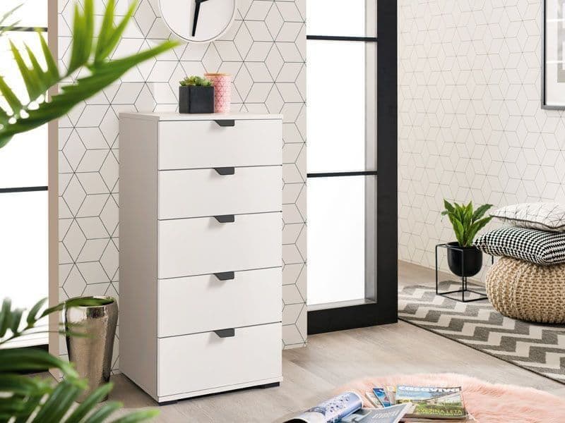Limone arctic white narrow five-drawer chest