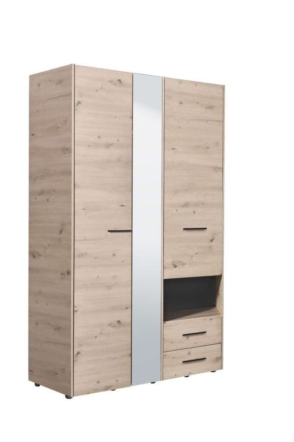 Limone grey oak effect three-door wardrobe with mirror and two drawers