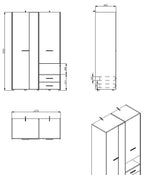 Limone grey oak effect three-door wardrobe with mirror and two drawers