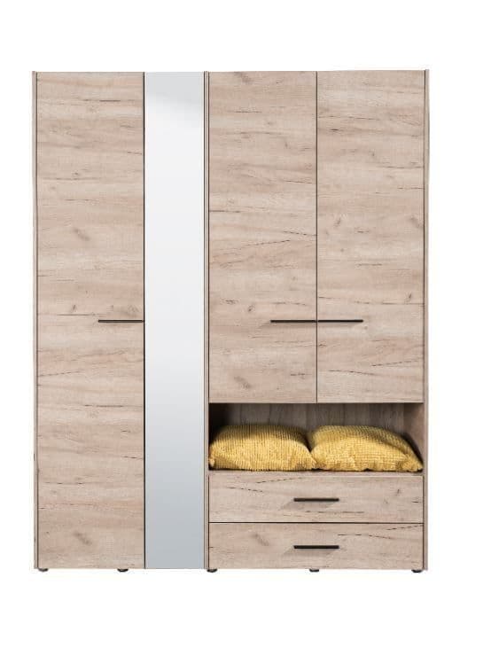 Limone grey oak effect four-door wardrobe with mirror and two drawers