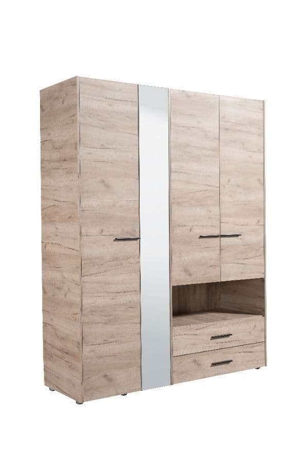 Limone grey oak effect four-door wardrobe with mirror and two drawers