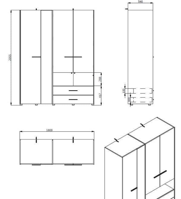 Limone grey oak effect four-door wardrobe with mirror and two drawers