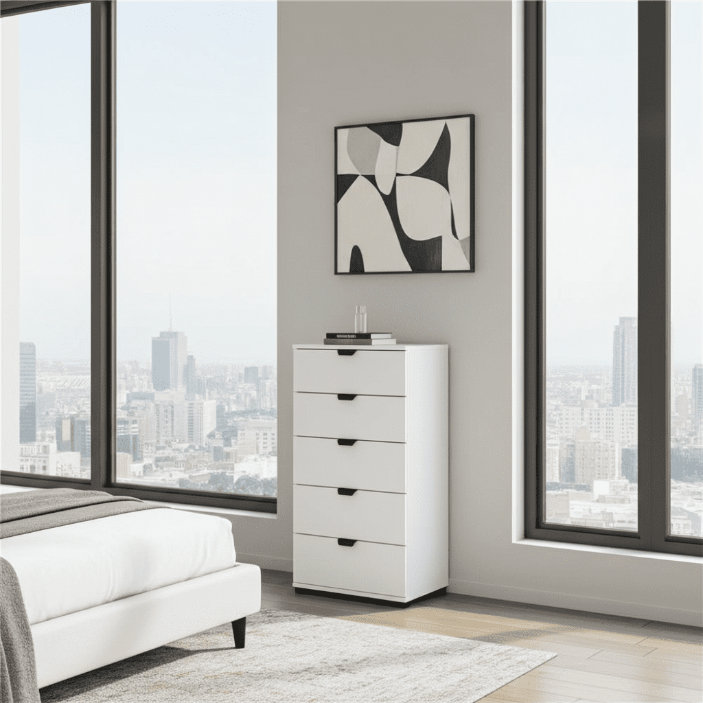 Limone arctic white narrow five-drawer chest