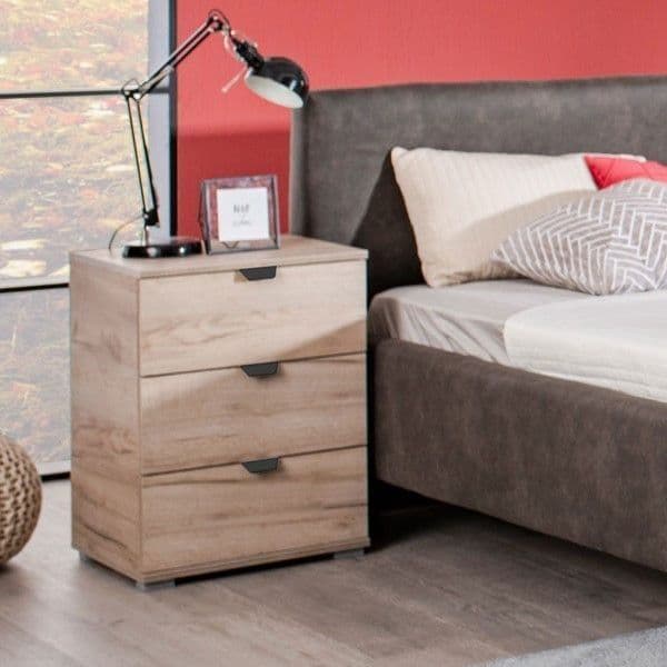 Limone grey oak effect three-drawer bedside table