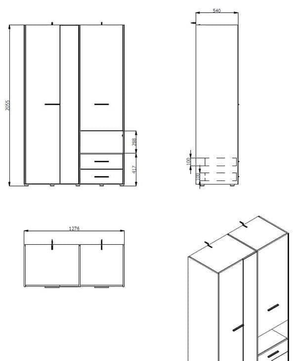 Limone white three-door wardrobe with mirror and two drawers