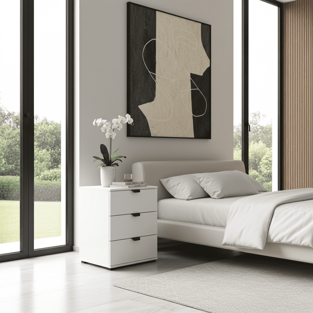 Limone arctic white three-drawer bedside table with black handles