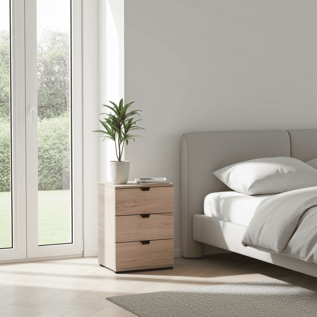 Limone grey oak effect three-drawer bedside table