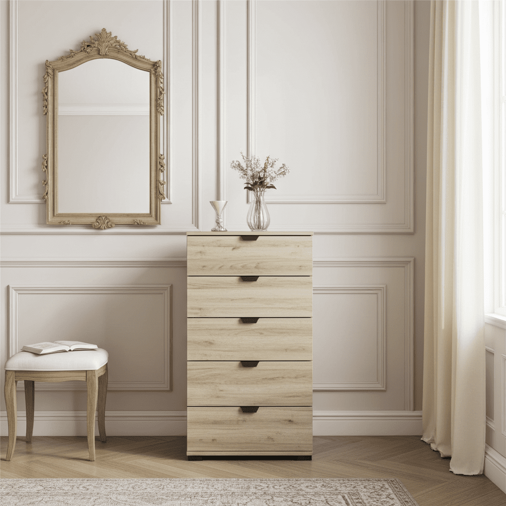 Limone oak effect narrow five-drawer chest