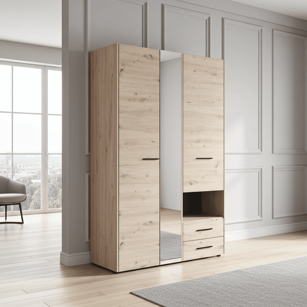 Limone grey oak effect three-door wardrobe with mirror and two drawers