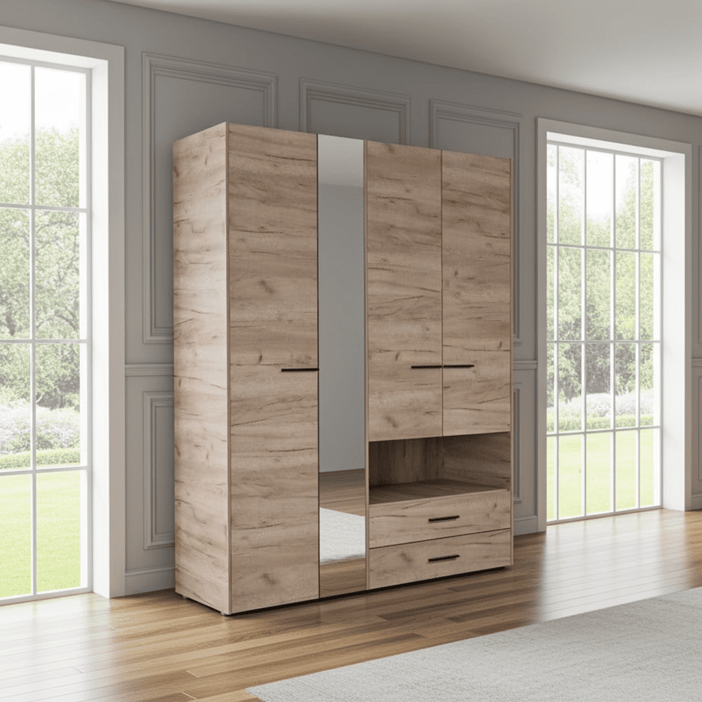 Limone grey oak effect four-door wardrobe with mirror and two drawers