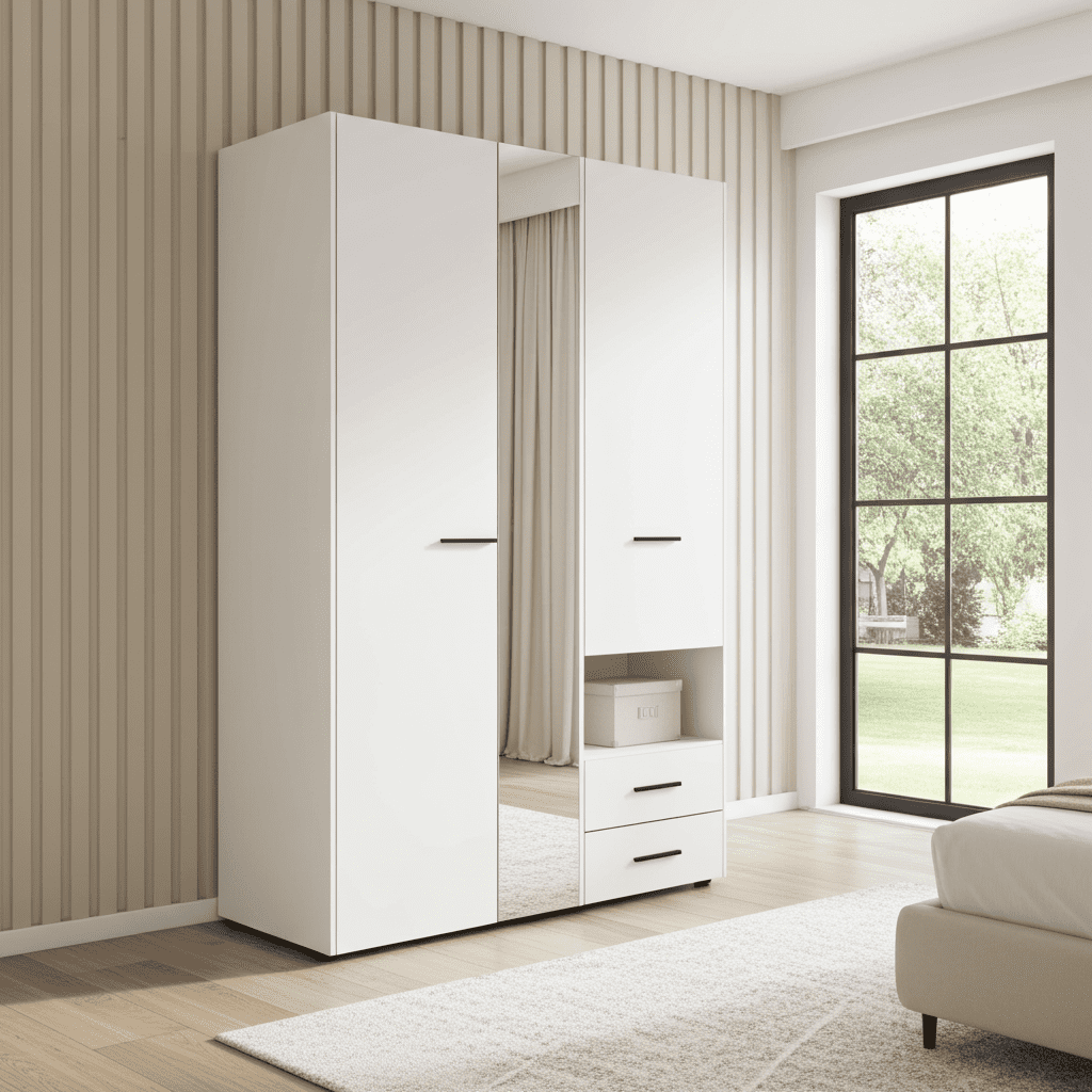 Limone white three-door wardrobe with mirror and two drawers