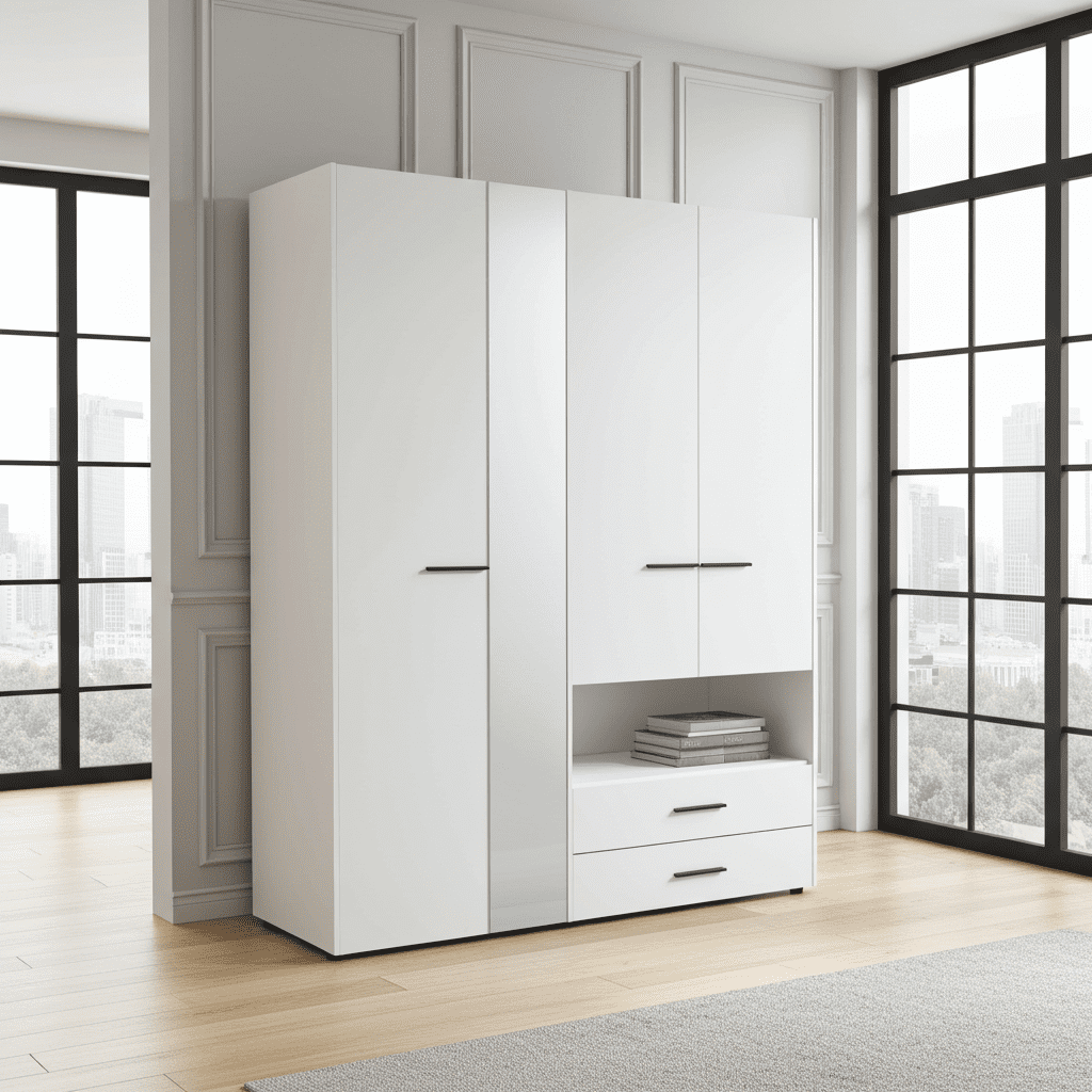 Limone white four-door wardrobe with mirror and two drawers
