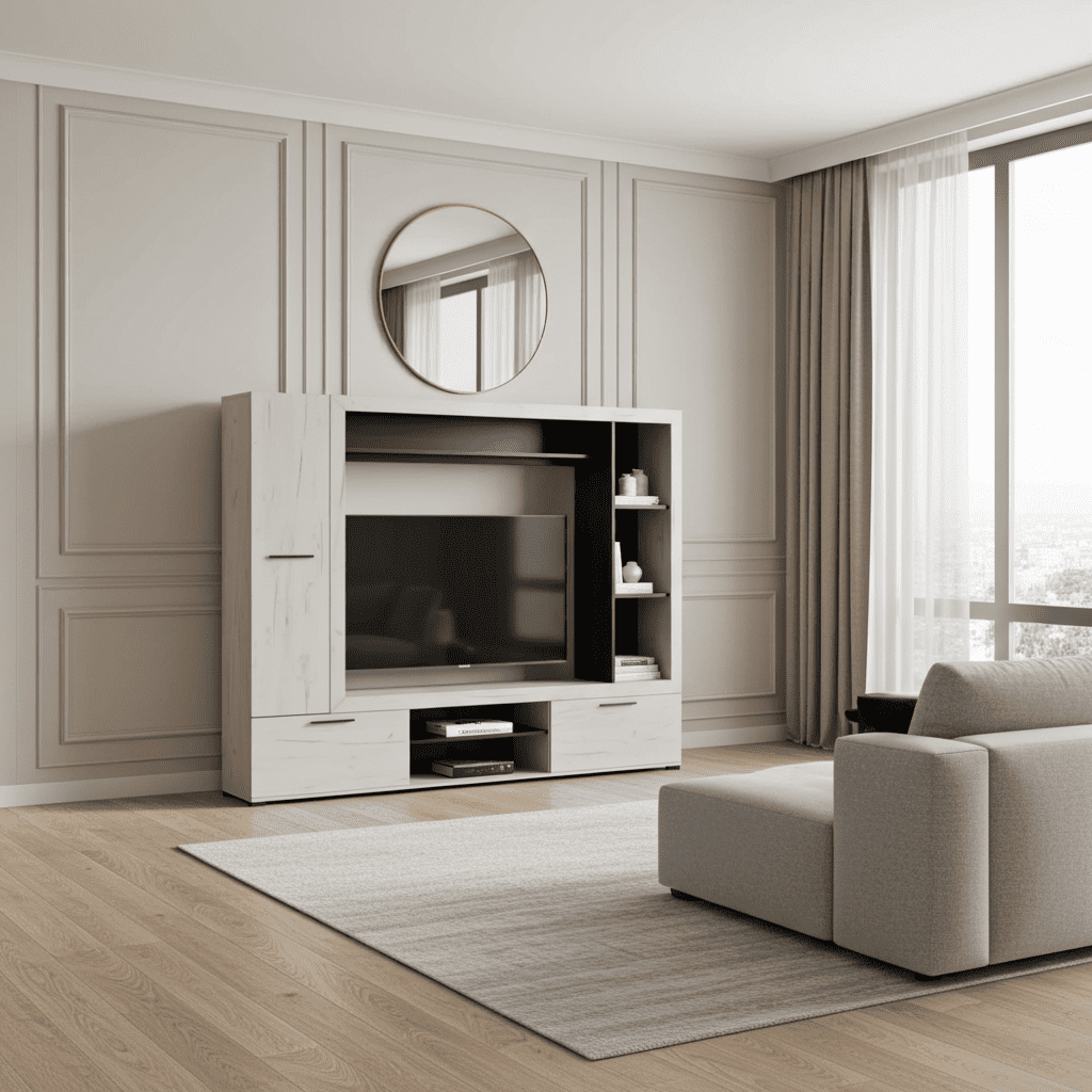 Lucerne light oak effect TV wall unit with black interior