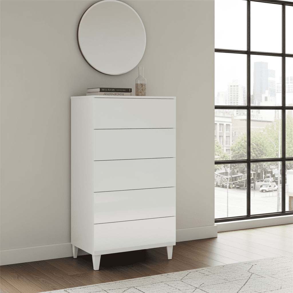 Madrid white gloss tall five-drawer chest on tapered legs