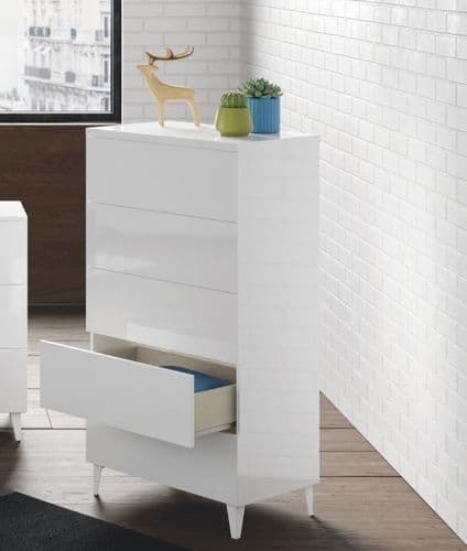 Madrid white gloss tall five-drawer chest on tapered legs