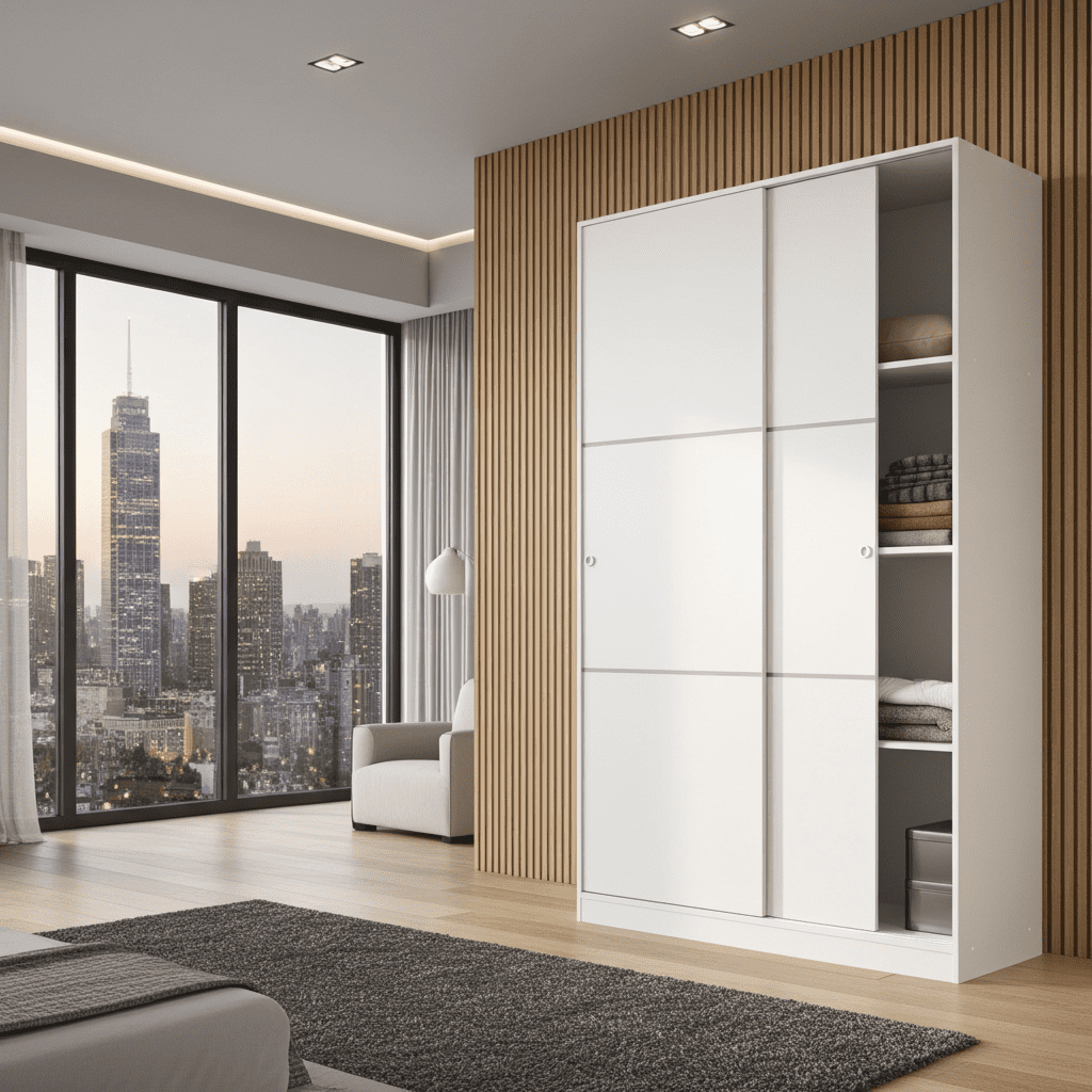 Madrid soft gloss white 120cm sliding door wardrobe with open shelves