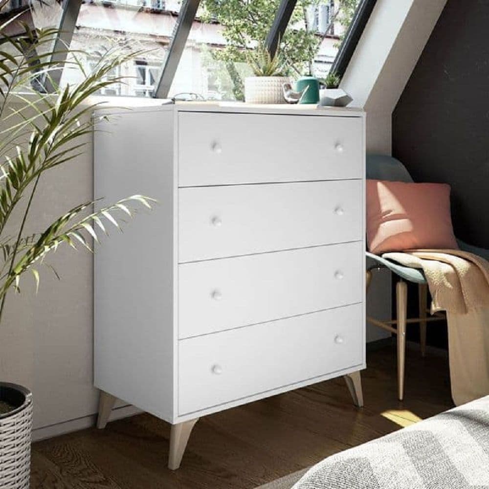Martinelli arctic white four-drawer chest with wooden splayed legs