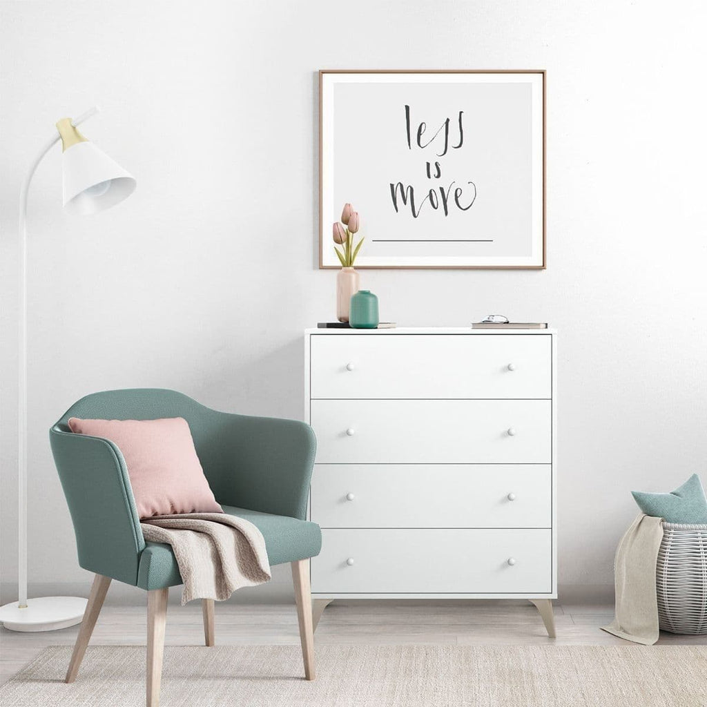 Martinelli arctic white four-drawer chest with wooden splayed legs