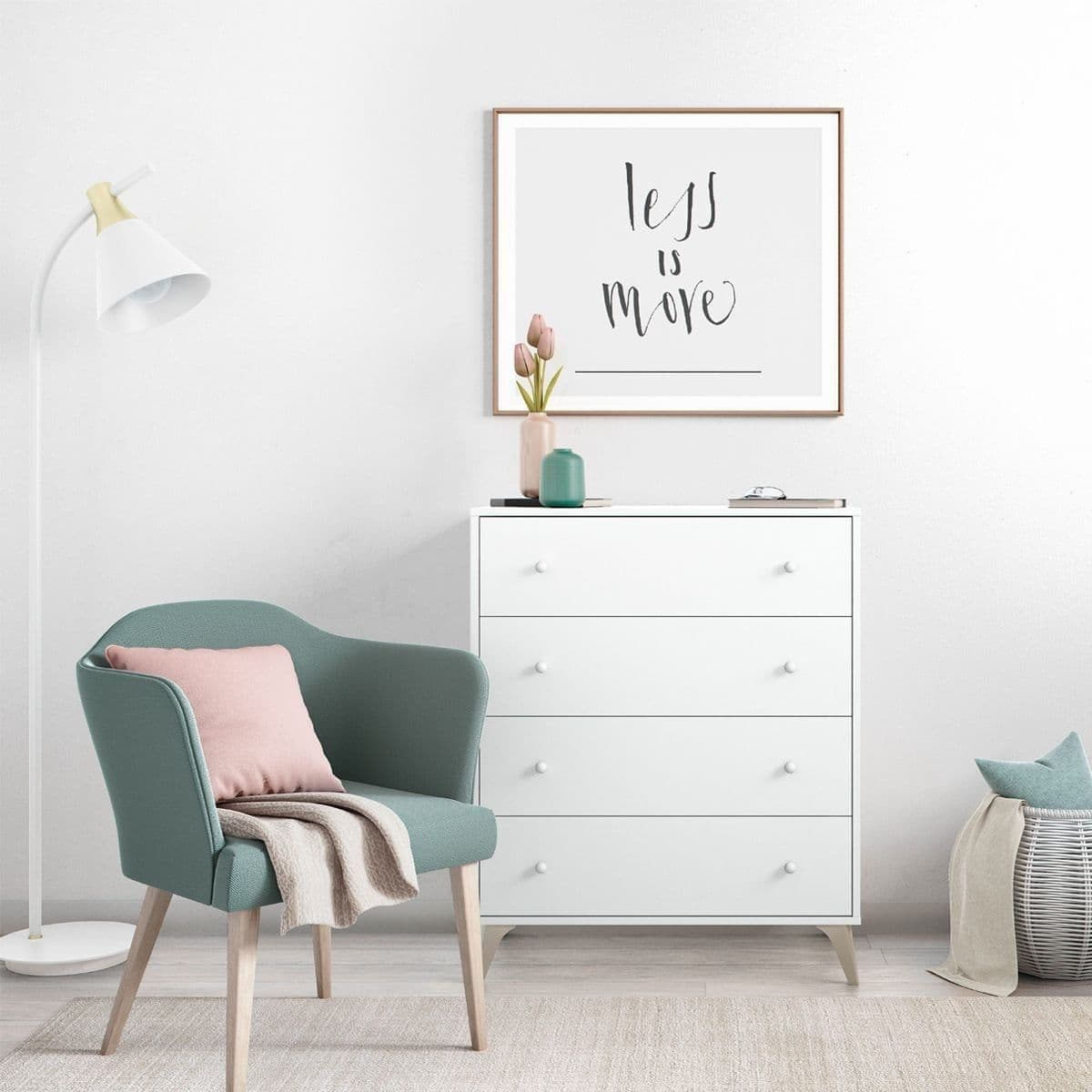 Martinelli arctic white four-drawer chest with wooden splayed legs