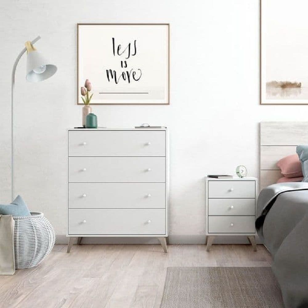 Martinelli arctic white four-drawer chest with wooden splayed legs