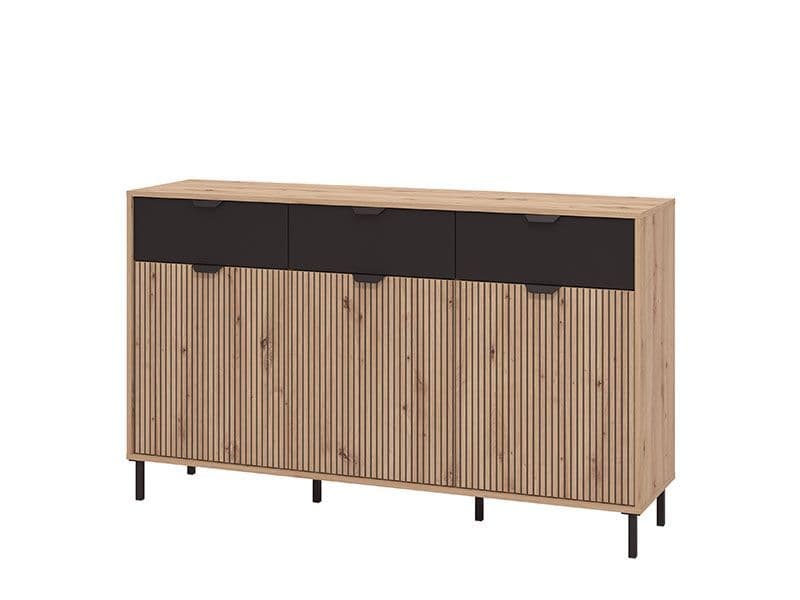 Martinique Slatted Oak & Black Sideboard – 3 Doors & 3 Drawers