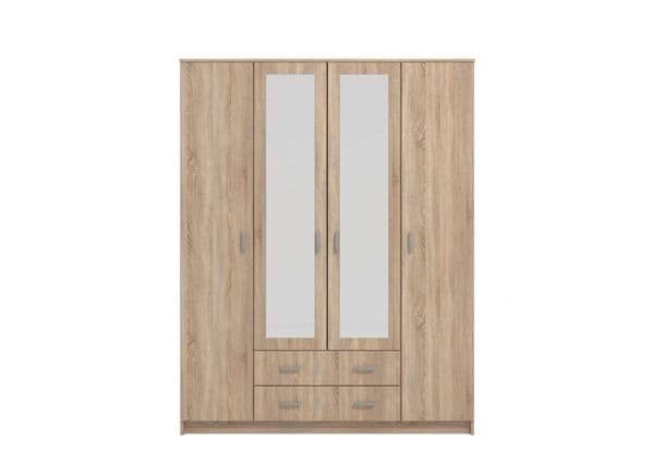 Miami Sonoma oak effect four-door wardrobe with mirrored doors and two drawers
